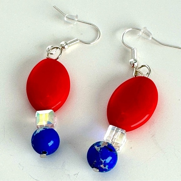 Handmade Jewelry - Square AB Glass Bead Earrings and blue and red glass Handmade patriotic 3476